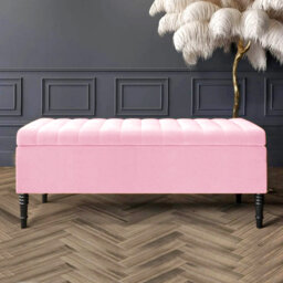 Paris Striped Ottoman Storage Bench - Upholstered Plush Velvet Shoes Bench with Black Turned Wooden Legs