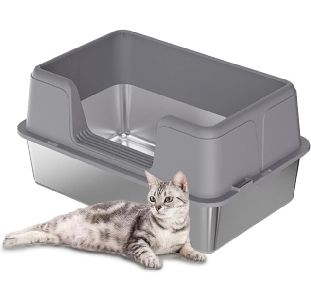 Large Semi-Enclosed Stainless Steel Cat Litter Box with Lid, High-Sided Enclosure Anti-Splash Litter Pan, Removable Tray, Non-Slip Mat & Scoop, Easy t