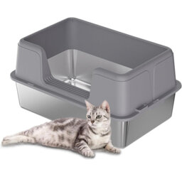 Large Semi-Enclosed Stainless Steel Cat Litter Box with Lid, High-Sided Enclosure Anti-Splash Litter Pan, Removable Tray, Non-Slip Mat & Scoop, Easy t
