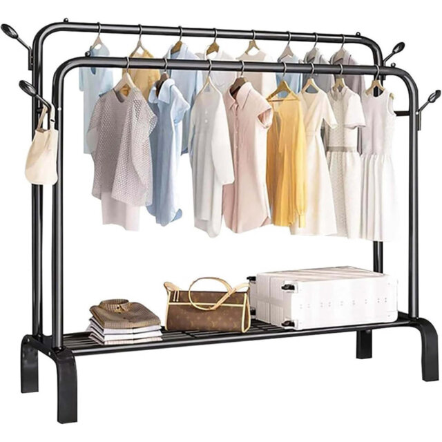 Heavy Duty Clothes Rail With Double Hanging Rods And Shoe Rack