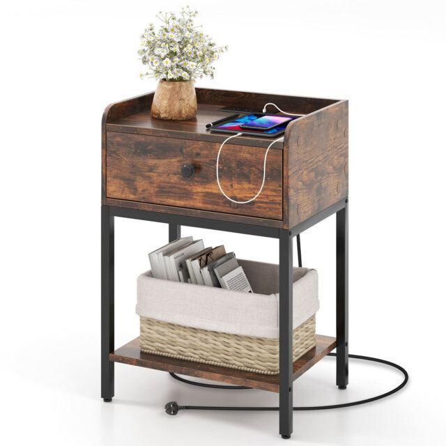 Nightstand W/Charging Station Industrial Bedside Table W/USB Ports
