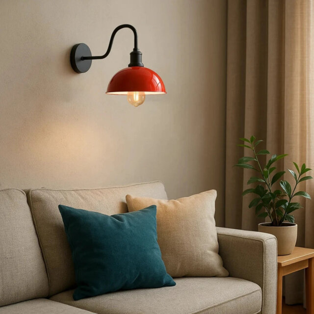Modern Industrial Vintage Dome Wall Sconce – Fixed Curved Arm Metal Light for Bedroom, Hallway, Living Room, and Office.