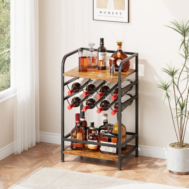 2-Tier 8 Bottles Wine Rack Free Standing Floor With Wooden Table Top