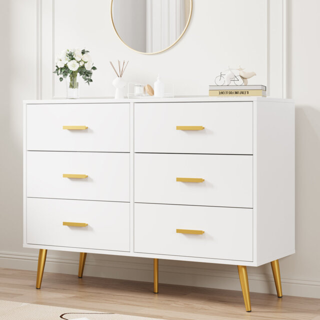 Modern 6 Drawer Dresser, Wide Engineered Wood Chest of Drawers with Gold-Tone Metal Legs and Handles, Storage Cabinet for Bedroom, Living Room, Hallwa