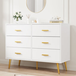 Modern 6 Drawer Dresser, Wide Engineered Wood Chest of Drawers with Gold-Tone Metal Legs and Handles, Storage Cabinet for Bedroom, Living Room, Hallwa