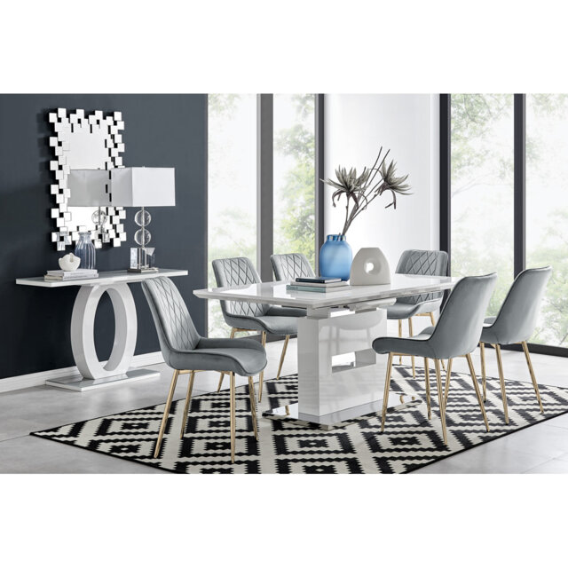 Alezzo Modern High Gloss Extendable Dining Table Set with 6 Luxury Velvet Dining Chairs