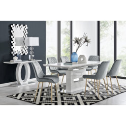 Alezzo Modern High Gloss Extendable Dining Table Set with 6 Luxury Velvet Dining Chairs