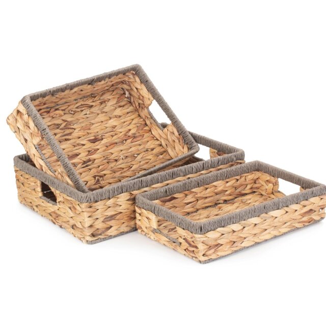 3 Piece Shallow Rectangular Rope Border Storage Basket Set
