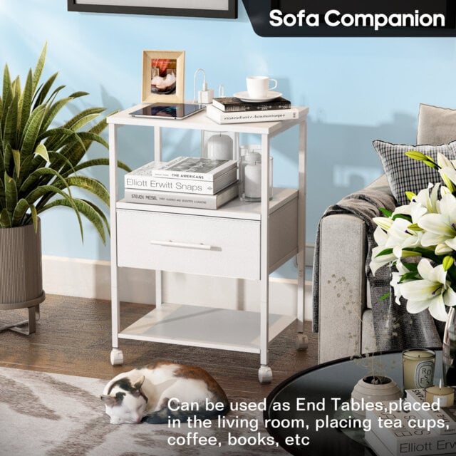 Bedside Table With Charging Station Nightstand With 2 Outlets And 2 USB Ports With 4 Castors
