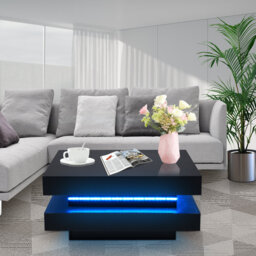 360° Rotating Square Coffee Table With 16-color Led Lights – High Gloss Finish, Modern Tea Table