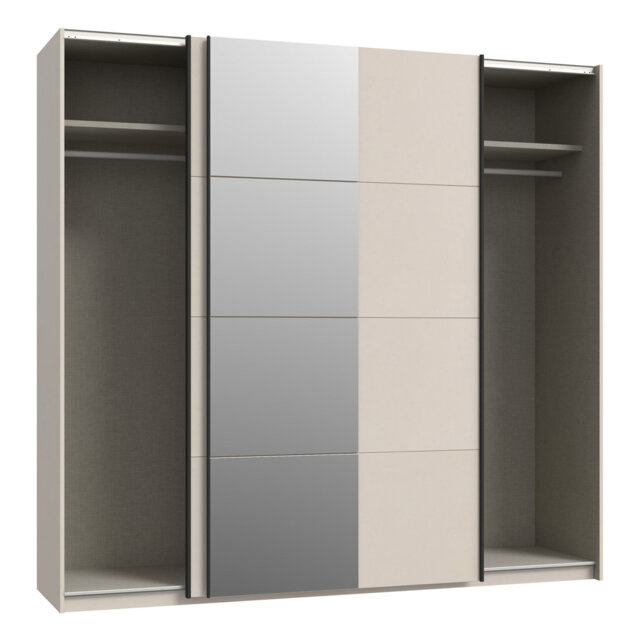 Modern wardrobe with 2 sliding doors, large mirror, clothing rail and shelving, engineered wood, beige, 220.1 cm W x 210.5 cm H x 61.2 cm D