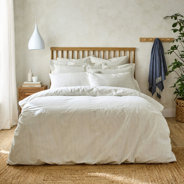 Argonia White Linen Cotton Blend Duvet Cover with Pinstripes