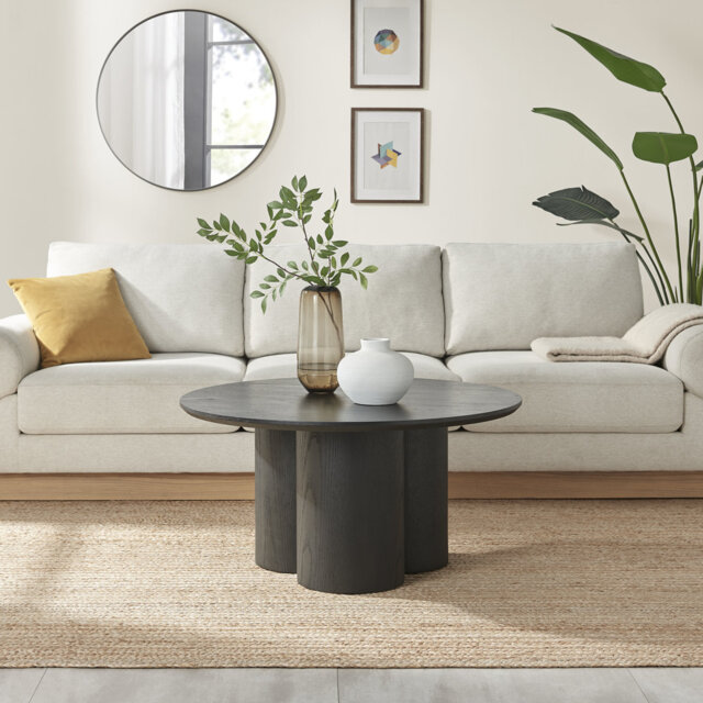Delshawn Pebble Shaped Pillar Legged Round Veneer Wood Coffee Table - Luxury Scandi Style