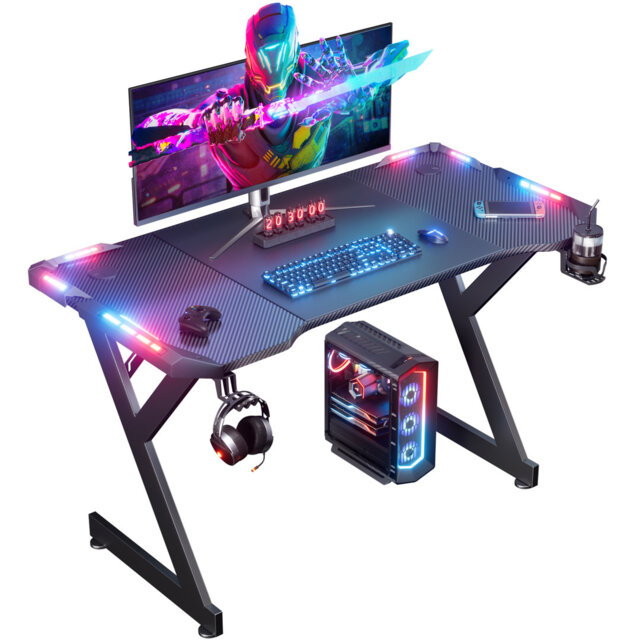 Y-Shaped Black Gaming Desk with LED Lights, Large Computer Desk Workstation with Cup Holder & Headphone Hook for Home Office