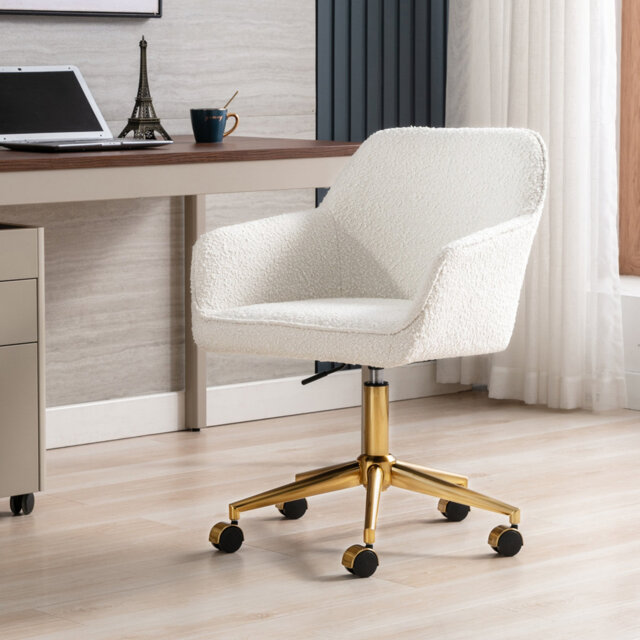 Adjustable Height Boucle Desk Chair with Gold Swivel Base and Armrests