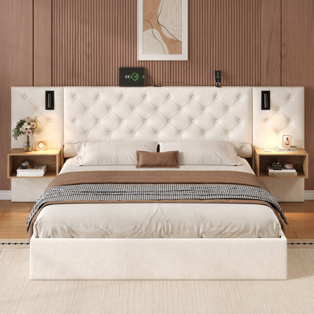 Velvet Ottoman Storage Bed With Charging Station - Wide Button-Tufted Headboard & Hydraulic Base