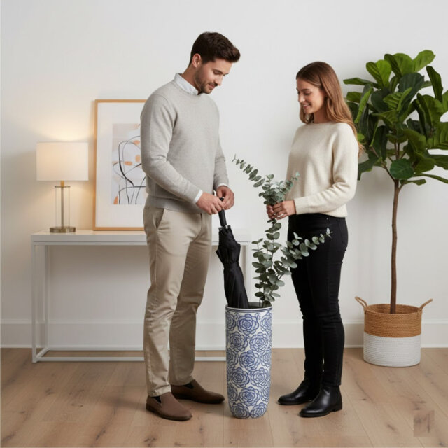 "Stylish Ceramic Freestanding Umbrella Stand – Glazed Vase for Umbrellas, Walking Sticks & Flowers, 18"" x 8"""