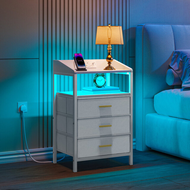 Bedside Tables Set of 2 with LED Lights and Charging Station, Bedside Cabinet with 3 Fabric Storage Drawers and Shelves, Nightstand with USB Ports&Typ