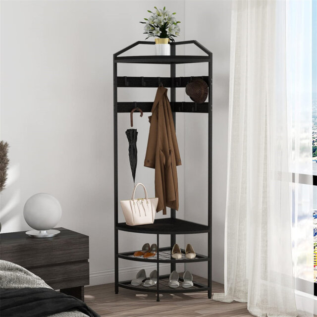 Coat Rack Stand With Shoe Storage Bench Free Standing Corner Hall Tree 4-Tier Corner Clothes Rack With 10 Metal Movable Hooks And Wooden Storage Shelv