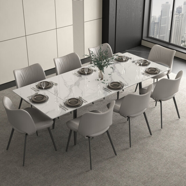 Large Gloss White Dining Table with Marble Effect, Extends from 160cm to 240cm for Entertaining（Without chairs） Fast Dispatch From UK Warehouse – Disp