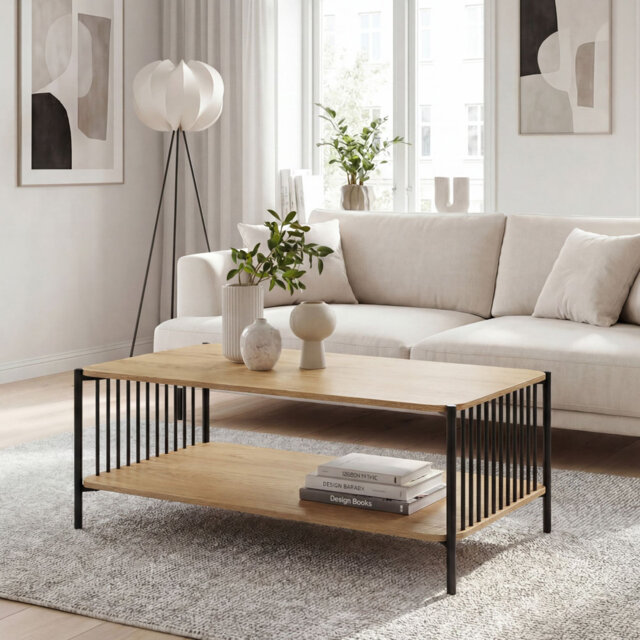 Rectangular Oak-Effect Coffee Table with Storage Shelf and Black Metal Frame