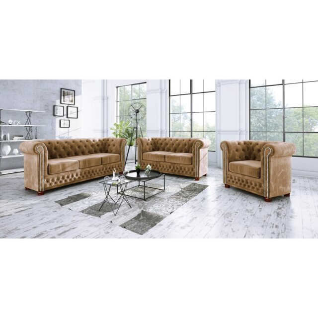 Chesterfield Sofa Set 3+2+1 Made of Velvet Fabric with Solid Wood Legs