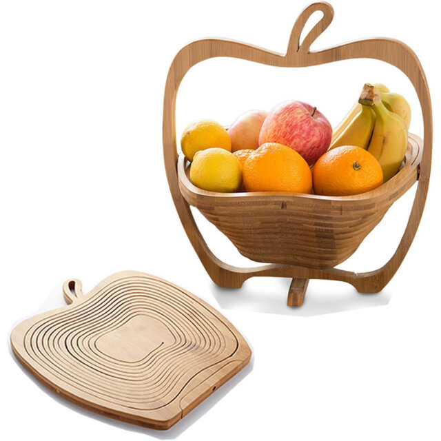 MantraRaj Apple Shaped Basket Foldable Decorative Wooden Traditional Fruit Bowl Solid Wood Basket