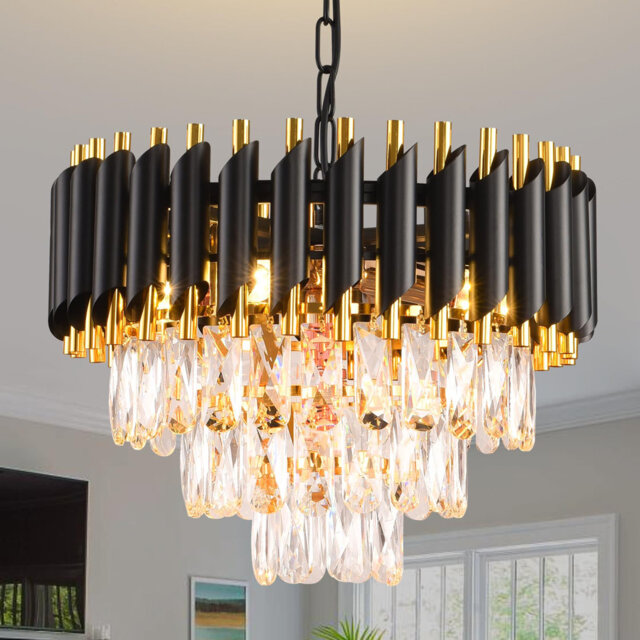 "Modern Tiered Crystal Chandelier, Gold/Black, 15.7"", E14 Base (No Bulb)"