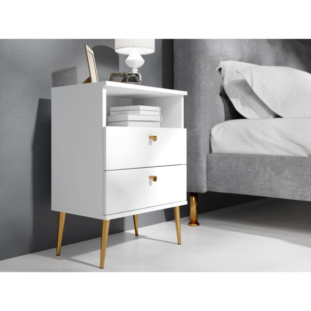 Abbegayle bedside table with a drawer, golden handles and feet