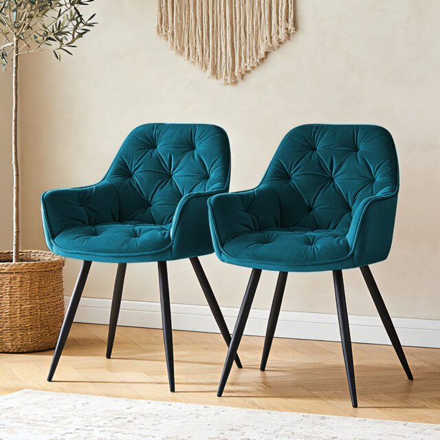 Velvet Upholstered Armrests Tufted Dining Chair with Wide Back 50cmH