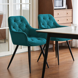 Velvet Upholstered Armrests Tufted Dining Chair with Wide Back 50cmH