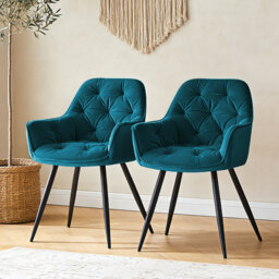 Velvet Upholstered Armrests Tufted Dining Chair with Wide Back 50cmH