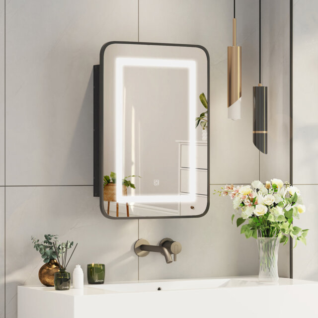 LED Bathroom Mirror Cabinet Medicine Cabinet With Round Corner Framed Door, With Shelves,Black