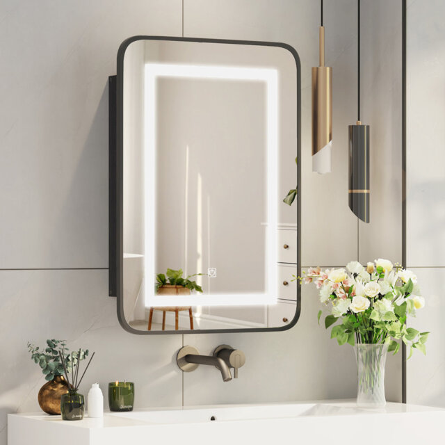 Rectangle LED Mirror Cabinet with 3 Shelves, Wall Mounted Bathroom Storage