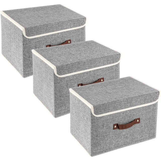 Collapsible Storage Box With Lid, Fabric Storage Box For Clothes, Wardrobe Storage, 38X25x25 Cm, Set Of 3, Grey