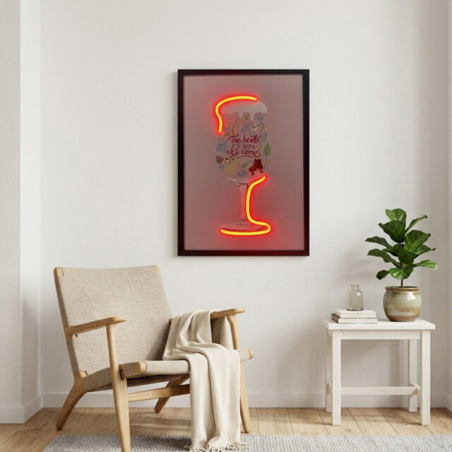 Wine Glass Doodle Pop Art Canvas With Red Neon Outline - Aesthetic Neon Led Wall Art Decor Usb