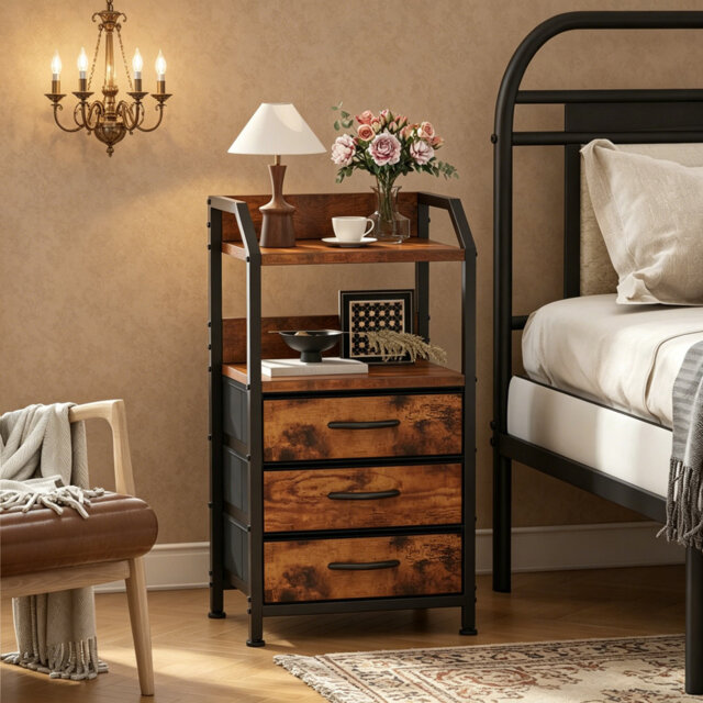 Rustic Brown Bedside Table 3 Fabric Drawers Open Shelf Metal Frame Wooden Top Storage Nightstand for Bedroom Living Room Small Space Decor