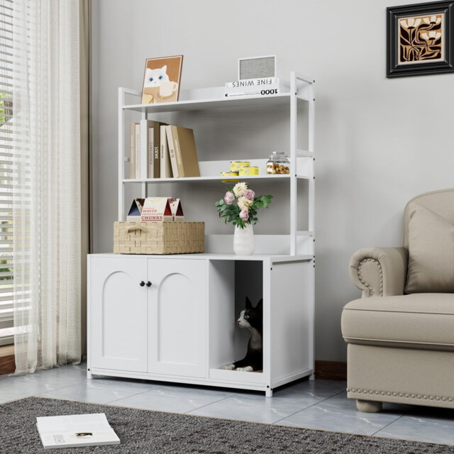 "Space-Saving Cat Litter Box Enclosure - 52"" Hidden Cat Washroom Cabinet with 2 Storage Shelves, Wooden Indoor Entryway Organizer, Mark Pad, Modern Hom"