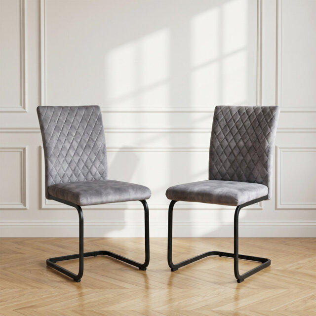 Cantilever Dining Chairs Set, Diamond Tufting with Ergonomic High Back - Modern Grey Fabric Kitchen Chairs for Dining Room, Home and Kitchen