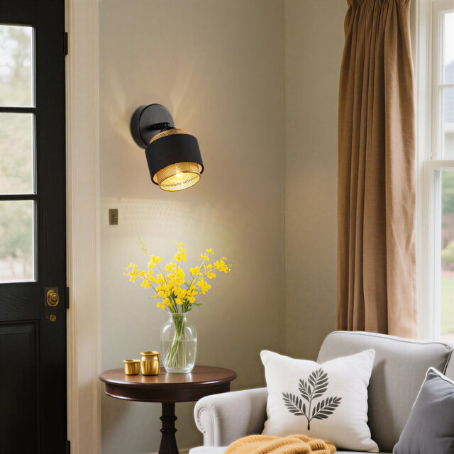 Modern Indoor Wall Light, Black Fabric And Gold Mesh Metal Shade