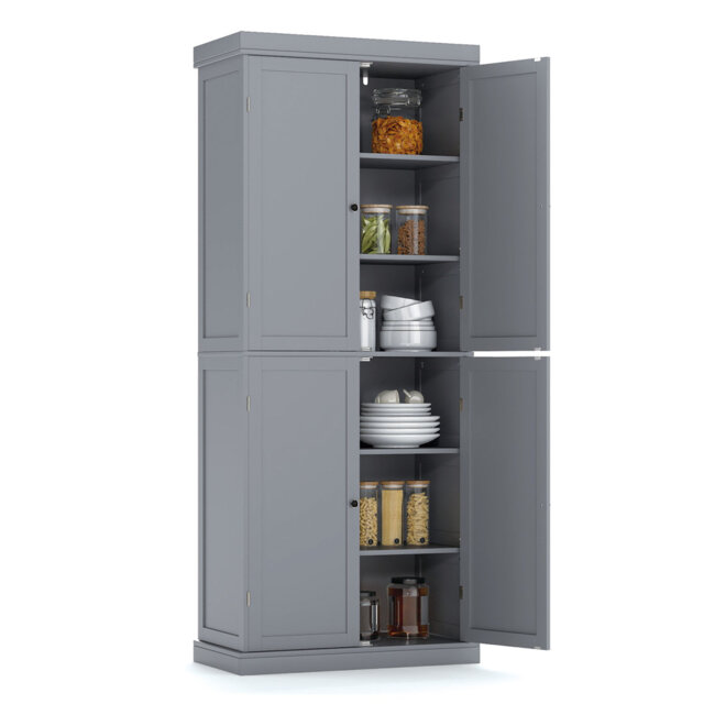 4 Door Kitchen Pantry 184Cm Tall Buffet Cabinet W/ 6-Tier Shelves-Grey