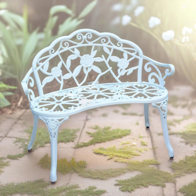 3 Seater Iron Garden Bench With Rose Petals Detail