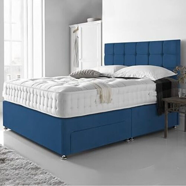 5FT King Linen Blue Divan Beds with Mattress and Headboard (2 Drawers free)