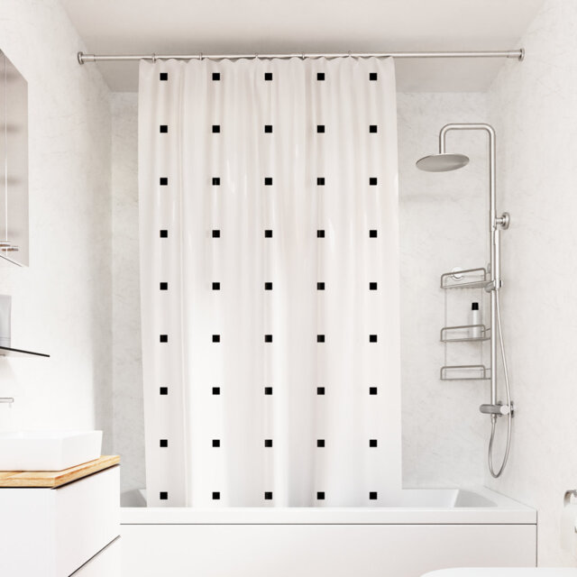 Croydex White Shower Curtain with Black Dots Design - 100% Polyester with a Weighted Hem, Machine Washable and coated with Proseal for Water Repellenc