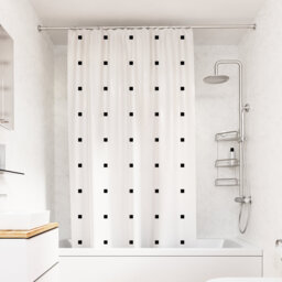 Croydex White Shower Curtain with Black Dots Design - 100% Polyester with a Weighted Hem, Machine Washable and coated with Proseal for Water Repellenc