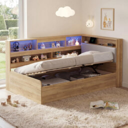 Natural Wooden Daybed with Hydraulic Storage USB Charging and LED Lighting