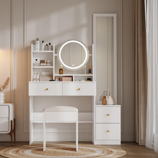 Dressing Table With Led Mirror, 4 Drawers And Stool White