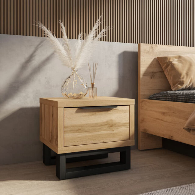 Cabrina Bedside Table in Oak Wotan & Black - Premium Laminated Board - W55cm x H49cm x D45cm