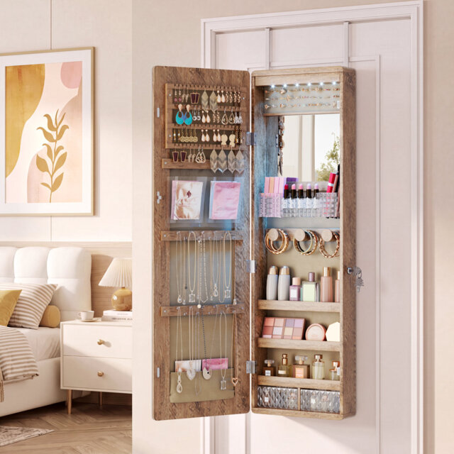 Jewelry Cabinets with Mirror and LED Lights, Door Hanging/Wall Mounted Jewelry Armoire