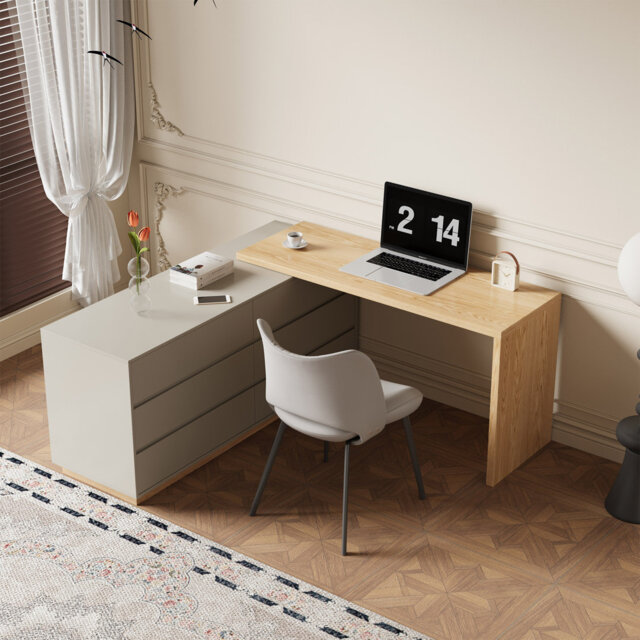 Large Capacity Adjustable Desk 160-250cm - 6-Drawer Storage Unit & Swivel Base - Versatile Straight/L-Shape Design for Living Room & Office